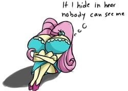 1girls big_breasts breasts breasts_bigger_than_head clothing dress english_text equestria_girls female fetal_position fluttershy_(mlp) funny hiding humor my_little_pony pink_hair stammis text yellow_body
