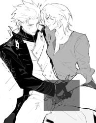 1boy bare_legs black_coat black_gloves blush breasts brother_and_sister cleavage coat collarbone collared_coat collared_vest cuntboy cuntboy_with_female dante_(devil_may_cry) devil_may_cry_(series) devil_may_cry_5 female fingering fingerless_gloves front_zipper furrowed_brow gloves hair_slicked_back heart high_collar highres holding_another's_wrist incest intersex long_coat long_sleeves male medium_breasts medium_hair no_panties no_pants nose_blush open_mouth parted_lips pussy pussy_juice seductive_smile shirt short_hair siblings simple_background sleeves_rolled_up small_sweatdrop smile squinting sweat sweatdrop thick_lips trembling twins utopia_87115256 v-neck vaginal_penetration vergil_(devil_may_cry) vest white_background white_hair zipper zipper_pull_tab