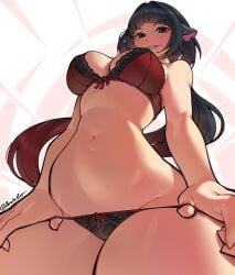 absurdres animal_ears black_hair black_panties bra breasts commentary dracksart female from_below green_eyes highres jane_doe_(zenless_zone_zero) large_breasts long_hair looking_at_viewer mouse_ears mouse_girl multicolored_hair navel panties red_bra red_hair smile solo stomach thighs twitter_username two-tone_hair underwear white_background zenless_zone_zero