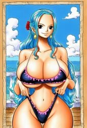 accuratemanga ai_generated beach bikini black_eyes blue_hair breasts day female female_only gigantic_breasts hi_res highres huge_ass huge_breasts large_breasts light-skinned_female light_skin long_hair looking_at_viewer manga narrow_waist navel nefertari_vivi one_piece original outdoors outside slim_waist smile standing suggestive thick_thighs wide_hips young