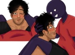 blank_background blushed_face clothed curly_hair date_everything hand_in_hair hector_(date_everything) hector_valentino_airnesto_condicionado hickey red_shirt shy