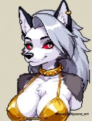 1girls ai_generated anthro big_breasts bikini breasts demon demon_girl ear_piercing ears female furry gold_bikini gold_collar goth goth_girl grey_body grey_fur grey_hair hellhound helluva_boss long_hair looking_at_viewer loona_(helluva_boss) nipples pixel_art red_sclera smile spiked_collar two_tone_body two_tone_fur white_body white_eyes white_fur wolf wolf_girl
