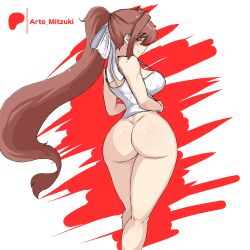 1girls arte_mitzuki artemitzuki_(artist) ass big_ass big_butt blush bottomless breasts brown_hair doki_doki_literature_club female green_eyes hair hair_ribbon hairbow hairbow large_ass large_butt long_hair looking_at_viewer looking_back looking_back_at_viewer monika_(doki_doki_literature_club) presenting presenting_ass presenting_butt presenting_hindquarters solo solo_female standing tank_top tank_top_only thick_thighs thighs topwear_only wide_hips