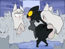 animated anthro ass being_watched big_butt black_body blinking blush bodily_fluids bookshelf breasts dizzy_eyes domestic_cat duo felid feline felis female forced furniture ghost google google_doodle group looking_at_another magic_cat_academy male male/female mammal momo_(google) roksim sex smile spirit sweat yellow_eyes