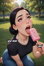 ai_generated eating_food female female_only ice_cream insinuation milf mom on_knees park_bench tongue_out your_mom