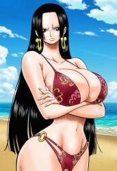 accuratemanga ai_generated angry angry_face annoyed beach bikini black_hair blue_eyes boa_hancock breasts crossed_arms day female female_only gigantic_breasts hi_res highres huge_ass huge_breasts large_breasts light-skinned_female light_skin long_hair looking_at_viewer manga narrow_waist navel one_piece original outdoors outside slim_waist standing suggestive thick_thighs wide_hips young