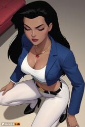 1girls ai_generated artist_name belt black_belt black_footwear black_hair blue_jacket breasts cleavage closed_eyes closed_mouth collarbone crop_top cropped_shirt dark-skinned_female dark_skin dc dc_comics dcau from_above hi_res high_heels jacket jewelry large_breasts lips lipstick long_hair long_sleeves makeup midriff navel necklace open_jacket pants red_lips rule34lab shirt solo squatting star_(symbol) white_pants white_shirt wonder_woman wonder_woman_(series)