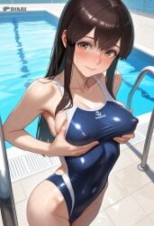 ai_generated akagi_(kantai_collection) blush breasts brown_eyes brown_hair dtkai female inside kantai_collection light_smile medium_ass medium_breasts nipples see-through_clothing smile standing swimming_pool swimsuit touching_breast water wet