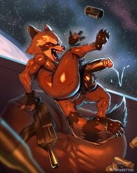 absurd_res anthro anus artist_collaboration balls big_balls big_penis bodily_fluids brown_body brown_fur clothing concosive facial_markings fingerless_gloves floating fluffy fluffy_tail fur genital_fluids genitals glans gloves guardians_of_the_galaxy gun handwear head_markings hi_res holding_gun holding_object holding_ranged_weapon holding_weapon humanoid_genitalia humanoid_penis male male_only mammal markings marvel mask_(marking) nude_anthro nude_male open_mouth penis precum procyonid raccoon ranged_weapon rocket_raccoon ryokusetteh science_fiction sharp_teeth small_but_hung solo space star striped_markings striped_tail stripes tail tail_markings teeth vein veiny_penis weapon zero_gravity