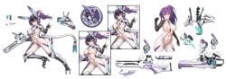absurdres anal anal_object_insertion animal_ears ass_visible_through_thighs blue_eyes bodysuit breasts dildo fake_animal_ears female highres lactation looking_at_viewer mecha mecha_musume mechanical_legs medium_breasts melody_(projektmelody) multiple_views navel nipple_penetration nipples object_insertion open_mouth ponytail purple_hair revealing_clothes robot sex_toy shrug_(clothing) smile solo stmast stomach suit vaginal_object_insertion vaginal_penetration weapon
