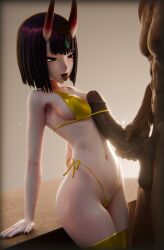 1boy 1girls 3d belly_button bikini breasts dark-skinned_male dark_skin dkclaude3d fate/grand_order fate_(series) female gold_bikini golden_week height_difference horns light-skinned_female light_skin male medium_breasts monster_girl naizuri oni oni_female oni_horns paizuri penis purple_eyes purple_hair shuten_douji_(fate) size_difference swimsuit tongue tongue_out