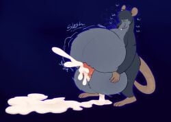 anthro autobellyjob ball_grab balljob balls belly bellyjob big_balls big_belly big_penis bloated bodily_fluids cum cum_pool fur genital_fluids genitals grey_body grey_fur hi_res hiccuping huge_balls huge_belly huge_cock hyper hyper_balls hyper_genitalia hyper_penis itsthenutzone looking_pleasured male mammal murid murine overweight penis rat rodent solo sound_effects templeton_(charlotte's_web)