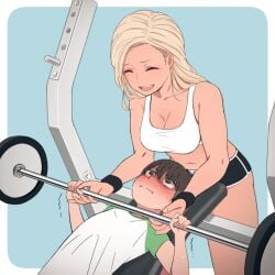 1girls 2d athletic athletic_female blonde_hair fit fit_female gym gym_clothes hotpants kemuri_haku light-skinned_female light_skin sexy short_shorts shorts sports_bra training workout