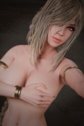 3d alternate_hairstyle armlet big_breqasts blonde_hair bracelet elden_ring female fromsoftware goddess golden_eyes hair_over_one_eye light-skinned_female long_bair mature mature_female milf one_eye_covered queen_marika_the_eternal questionable ryanraos selfie single_braid solo trillaho