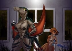 abs absurd_res anthro aquilops beak beverage bottle brown_beak brown_eyes brown_nipples brown_stripes candy ceratopsian claws clitoris container dessert dinosaur door door_handle duo eating eyelashes female food gas_station genitals grass green_markings hi_res horn hybrid jurassic_park jurassic_world jurassic_world_rebirth licorice lindwormduality looking_at_another markings muscular muscular_female mutadon navel night nipples orange_body ornithischian outside plant prehistoric_species red_wings reptile scalie sharp_teeth short_stack size_difference store stripes tan_body teeth thick_thighs universal_studios vulva window wings yellow_eyes