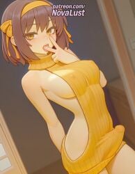 1futa 2025 ai_generated artist_name backless_outfit bangs bare_shoulders blush breasts breasts breasts brown_hair bust chest covered_nipples cowboy_shot dress eyebrows_visible_through_hair futanari hairband hi_res high_quality high_resolution highres looking_at_viewer meme_attire naked_sweater novalust open_mouth patreon patreon_username short_hair solo stable_diffusion suzumiya_haruhi suzumiya_haruhi_no_yuuutsu sweater turtleneck_sweater virgin_killer_sweater watermark yellow_bow yellow_hairband yellow_ribbon