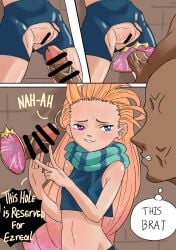 bike_shorts brat bratty censor_bar comic_page dick heterochromia league_of_legends lewdrido penis pussy rainbow_hair shorts sweatdrop zoe_(league_of_legends)