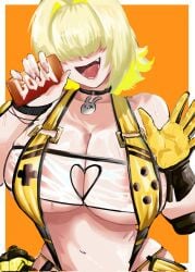 alqkemy777 badonkadonks big_breasts blonde_hair boobs breasts choker chubby covered_eyes elegg_(nikke) fang fat_tits female gloves goddess_of_victory:_nikke hair_over_eyes huge_breasts nikke phone short_hair smile suspenders sweat tactical_nudity tagme tits