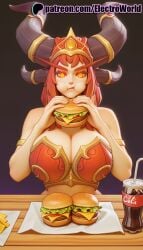 1girls 2025 ai_generated alexstrasza artist_name blizzard_entertainment breast_rest breasts breasts breasts burger bust cheese chest eating electroworld female food french_fries hi_res high_quality high_resolution highres huge_boobs huge_breasts ketchup lettuce massive_boobs massive_breasts meat orange_eyes pasta patreon patreon_username pizza plate red_hair salad solo stable_diffusion tomato watermark world_of_warcraft