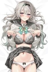 bed black_bra blush firefly_(honkai:_star_rail) honkai:_star_rail long_hair school_uniform schoolgirl silver_hair underwear