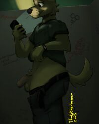 4:5 absurd_res anthro average_penis balls bathroom belt bottomwear boxers_(clothing) brown_eyes brown_nose canid canine cellphone cheek_tuft clock clothed clothing clothing_lift crotch_tuft denim denim_bottomwear denim_clothing dim_lighting electronics facial_tuft film_grain foreskin fur genitals graffiti graffiti_on_wall green_clothing green_shirt green_topwear hi_res humanoid_genitalia humanoid_penis jack_(thatotherboner) jeans male mammal pants penis phone pink_penis pubes public_restroom restroom_stall shaded shirt shirt_lift smartphone smartwatch solo tail thatotherboner topwear tuft underwear watch whisker_spots yellow_body yellow_fur