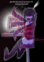 1female 1girls alt_girl alternate_version_available ass asscheeks bangs bangs_over_eyes black_hair butt_crack butt_focus caught caught_masturbating caught_off_guard censored cheeks covering_screen dark_background dialogue earrings embarrassed embarrassed_female emo emo_girl emo_hair female female_masturbation funny goonette gooning goth goth_girl gothic gothic_girl humor interrupted_masturbation long_sleeves looking_at_viewer masturbating masturbation meme meme_reference motion_lines no_panties no_pants no_underwear oc open_mouth original_character pale-skinned_female pale_skin piercing piercings pixel_censored porn pov pov_male shaking short_hair sole_female solo solo_female startraveler striped_clothing surprised surprised_expression talking_to_viewer text text_bubble thigh_boots thigh_highs thighs turned_around watching_porn watching_video white_skin