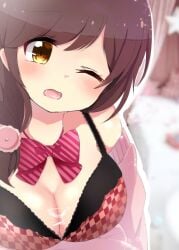 blurry blurry_background blurry_foreground blush bow bra breasts brown_eyes brown_hair cleavage cum depth_of_field female highres large_breasts long_hair looking_at_viewer neginohara one_eye_closed ongeki open_clothes open_mouth open_shirt red_bow sakurai_haruna_(ongeki) shirt solo underwear