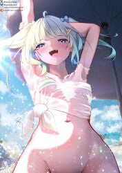 absurdres ahoge arm_up armpits arms_up beach_umbrella bikini blue_eyes blue_sky blush cloud female green_hair hair_ornament highres indie_virtual_youtuber looking_at_viewer mint_fantome multicolored_hair navel oerba_yun_fang see-through_clothes see-through_shirt shirt short_hair sky smile solo streaked_hair swimsuit syxh tied_shirt twitter two_side_up umbrella virtual_youtuber white_bikini white_hair x_hair_ornament youtube