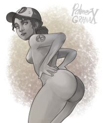 1girls ass ass_focus bare_thighs baseball_cap black_and_white branding_mark breasts bubble_ass bubble_butt clementine_(the_walking_dead) female female_focus female_only hat headwear headwear_only large_ass looking_back looking_down medium_breasts medium_hair monochrome nude nude_female palmergranate pinup pose posing simple_background sketch slim_waist the_walking_dead the_walking_dead_game thick_thighs thighs