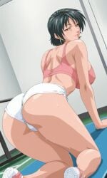 1girls ai_generated all_fours alternate_costume arched_back bent_over bible_black bible_black_only big_ass big_breasts black_hair blush bodily_fluids bottomwear busty crop_top earrings faustlikeai female female_focus female_only footwear from_behind gym high_resolution huge_ass huge_breasts indoors inviting_to_sex jewelry kneeling lipstick looking_back looking_back_at_viewer mat midriff minase_yukiko naughty naughty_face naughty_smile navel pinup rear_view revealing_clothes shoes short_hair shorts skimpy skimpy_clothes smile smirk sneakers solo sport_shorts sports_bra stretching sweat sweatdrop sweating sweaty sweaty_body thick_ass thick_thighs thighs topwear voluptuous voluptuous_female wedgie yellow_eyes