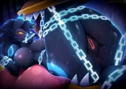 2025 absurd_res anus ass big_breasts blush bodily_fluids bondage bondage bound breasts canid canine chained chains eeveelution female generation_2_pokemon generation_7_pokemon genital_fluids genitals glistening glistening_body hi_res hybrid large_tongue lycanroc mammal midnight_lycanroc mimic mimic_chest muzzle_(object) muzzled nintendo nipples pokemon pokemon_(species) restrained saliva saliva_string solo teeth thick_thighs tongue umbreon visionaryserpent vulva