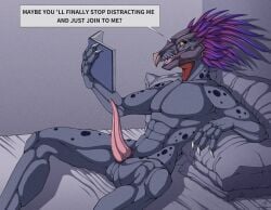 4_fingers alien animal_genitalia animal_penis anthro avian avian_caruncle beak bed book claws colored dialogue english_text erection feather_hair feathered_crest feathered_diva feathers finger_claws fingers furniture genital_slit genitals grey_body halo_(series) head_crest hi_res holding_book holding_object inside kig-yar looking_at_viewer male microsoft on_bed penis pseudo_hair purple_body purple_feathers scalie sharp_teeth smile smiling_at_viewer solo t'vaoan talking_to_viewer tapering_penis teeth text xbox_game_studios yellow_eyes