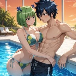 afternoon ai_generated bikini black_hair brandish_mew couple fairy_tail gray_fullbuster green_hair hug no_sex pool sensual