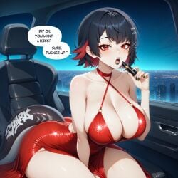 1girl 1girls ai_generated aimoonshine applying_lipstick bare_shoulders black_hair black_lips black_lipstick black_nails breasts car_interior choker cityscape cleavage cocktail_dress collarbone colored_inner_hair cosmetics criss-cross_halter dialogue dress ellen_joe english_text evening_gown eyeshadow fancy_clothing female female_only glistening_clothing glitter glitter_dress hair_ornament hairclip halterneck holding holding_lipstick_tube holding_object large_breasts lipstick lipstick_tube looking_at_viewer makeup mihoyo mole mole_under_eye multicolored_hair nail_polish night night_sky o-ring open_mouth red_choker red_dress red_eyes red_hair shark shark_girl shark_tail sharp_teeth shiny_clothes short_hair sitting sky solo solo_female sparkles speech_bubble sports_car tail teeth text thighs two-tone_hair zenless_zone_zero
