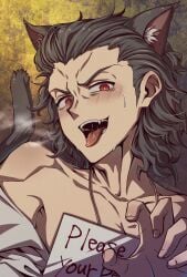 1boy animal_ear_fluff animal_ears bare_shoulders black_hair blush cat_boy cat_ears cat_tail collared_shirt english_text face_closeup hair_slicked_back highres isurugiratone jewelry male_focus michael_roa_valdamjong necklace no_visible_genitalia paw_pose pectorals profile red_eyes saliva shirt sweat tail tongue tongue_out tsukihime tsukihime_(remake) vampire white_shirt yaoi