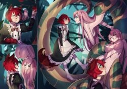 apple balesub breasts female femdom hypnosis hypnotic_eyes keendeemiyavi_(artist) lairreverenteboladepelos long_hair mind_control nipples original pink_hair red_hair ring_eyes short_hair snake_girl tagme topless