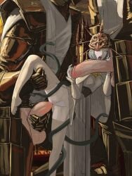 1girl 2boys aka6 armor balls breasts bulge bwc dark_souls dark_sun_gwyndolin deity dress erection female from_behind fromsoftware grey_hair hair handjob highres huge_cock imminent_gangbang imminent_sex larger_male leg_up light-skinned_male light_skin long_hair male male_only multiple_boys multiple_males one_eye_closed open_mouth pale_skin panties penis penis_in_panties penis_licking rule_63 size_difference small_breasts small_penis smaller_female snake straight testicles thighhighs threesome trap white_hair white_male yaoi yellow_eyes