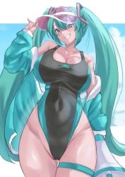 absurdres aqua_eyes aqua_hair aqua_jacket black_one-piece_swimsuit breasts competition_swimsuit covered_navel cowboy_shot female female_only grin hatsune_miku highleg highleg_one-piece_swimsuit highres jacket kamizin large_breasts megaphone one-piece_swimsuit pink_visor smile solo swimsuit thigh_gap twintails two-tone_swimsuit visor_cap vocaloid