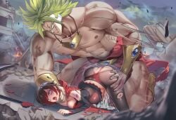 1boy 1girl ahe_gao ai_generated beaten broly bruised choking crossover cum_in_pussy cum_overflow defeated defeated_heroine doggy_style dominant_male domination dragon_ball female forced fucked_from_behind fucked_silly larger_male male muscular_male outdoors penis rape rough_sex rubble ruby_rose rwby size_difference stomach_bulge tongue_out torn_clothes torn_clothing vaginal_penetration
