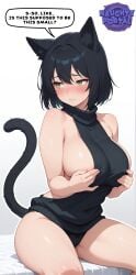 ai_generated big_breasts big_breasts big_breasts black_hair black_panties black_sweater black_virgin_killer_sweater blush blush blush_lines breasts breasts breasts cat_ears cat_girl cat_humanoid cat_tail catgirl covering covering_breasts covering_nipples english_text green_hair jorgecarlosai looking_away panties sexy short_hair sitting speech speech_bubble text text_bubble virgin_killer_sweater watermark