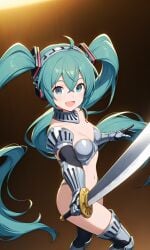 1girl :d ai_generated armor armored_female bikini bikini_armor blue_eyes clothed cyan_hair female gauntlets happy hatsune_miku holding_sword holding_weapon long_hair looking_at_viewer medium_breasts pale pixai pose simple_background slim slim_girl solo sword thigh_boots twintails vocaloid