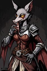 ai_generated anthro armor armored_female bat bat_wings blood_in_mouth eating female female_only grey_fur meat sharp_teeth simple_background teron_games yellow_eyes