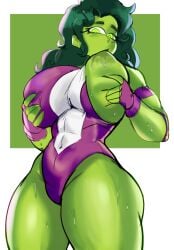big_breasts breasts female garp_sand green_eyes green_hair green_skin leotard marvel marvel_comics muscular muscular_female one_breast_out self_breast_sucking she-hulk sucking_nipples sucking_own_breasts superheroine