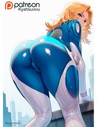 2d artist_name ass ass_focus blonde_hair blue_bodysuit blue_eyes bodysuit breasts closed_mouth clothed clothed_female curve curves curvey earrings fantastic_four female highres invisible_woman_(marvel_rivals) jewelry kyatsuwu large_ass long_hair long_sleeves looking_at_viewer marvel marvel_comics marvel_rivals patreon_username solo sue_storm superhero_costume two-tone_bodysuit white_background