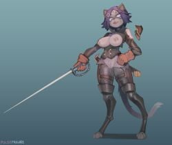 anthro areola belt belt_buckle blue_eyes breasts buckle clothing digitigrade exposed_breasts fangs female genitals gloves hair handwear legwear maridiansnack melee_weapon nipple_piercing nipples piercing pulsefailure purple_hair pussy sabre_(weapon) solo stockings sword tail teeth torn_clothing unwanted_exposure wardrobe_malfunction weapon