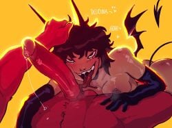 2025 4:3 areola arm_warmers_only armwear ass bedroom_eyes big_penis blush breasts clothing demon demon_humanoid duo english_text erection faceless_character faceless_male female genitals glistening glistening_armwear glistening_body glistening_breasts glistening_butt glistening_clothing hi_res horn horned_humanoid humanoid humanoid_genitalia humanoid_penis licking long_tongue looking_at_viewer male membrane_(anatomy) membranous_wings moe_(saehno) narrowed_eyes naughty_face nipple_piercing nipples not_furry oral penile penis penis_lick piercing red_body red_penis saehno seductive sex sharp_teeth simple_background spade_tail tail teeth text tongue wings yellow_background