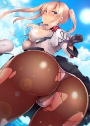 absurdres ass ayuteisyoku black_gloves black_pantyhose black_skirt blonde_hair blue_eyes blue_sky blurry blush bokeh breasts brown_pantyhose cameltoe capelet celtic_knot cloud day depth_of_field fanbox_reward female floating_hair from_behind from_below gloves graf_zeppelin_(kancolle) hair_between_eyes hat highres kantai_collection large_breasts lens_flare long_hair long_sleeves looking_at_viewer looking_back miniskirt no_bra ocean outdoors paid_reward panties panties_under_pantyhose pantyhose partially_visible_vulva pleated_skirt see-through_clothes shirt sidelocks skirt sky solo sparkle sun thigh_gap torn_clothes torn_pantyhose torn_shirt torn_skirt twintails underwear unworn_hat unworn_headwear upskirt white_panties