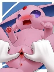 blush disembodied_hand eeveelution espeon female feral generation_2_pokemon hi_res looking_down nintendo open_mouth open_pussy pokemon pokemon_(species) solo spread_legs spreading steel_cat
