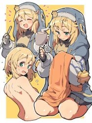 1girls androgyne_symbol blonde_hair bridget covering embarrassed female green_eyes guilty_gear hoodie itsuka_neru nude tagme teenager trans_woman transfem transgender_symbol
