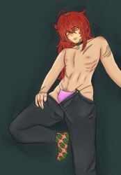 ahoge beautiful belly_button collar collarbone crossdressing diluc_(genshin_impact) duolingo gay genshin_impact half-dressed half-erect half_naked hip_dips leg_up long_hair male male_thong man_boobs nametag nipples pink_nipples pink_socks pink_thong plump_lips pubes pubic_hair red_eyes red_hair ribs scar skinny slightly_muscular socks submissive submissive_male thick_thighs thong